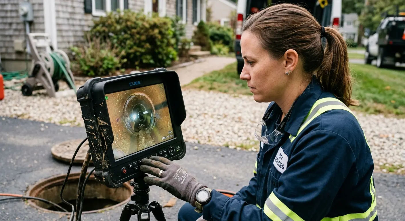 Technician reviewing sewer camera inspection footage in Petaluma