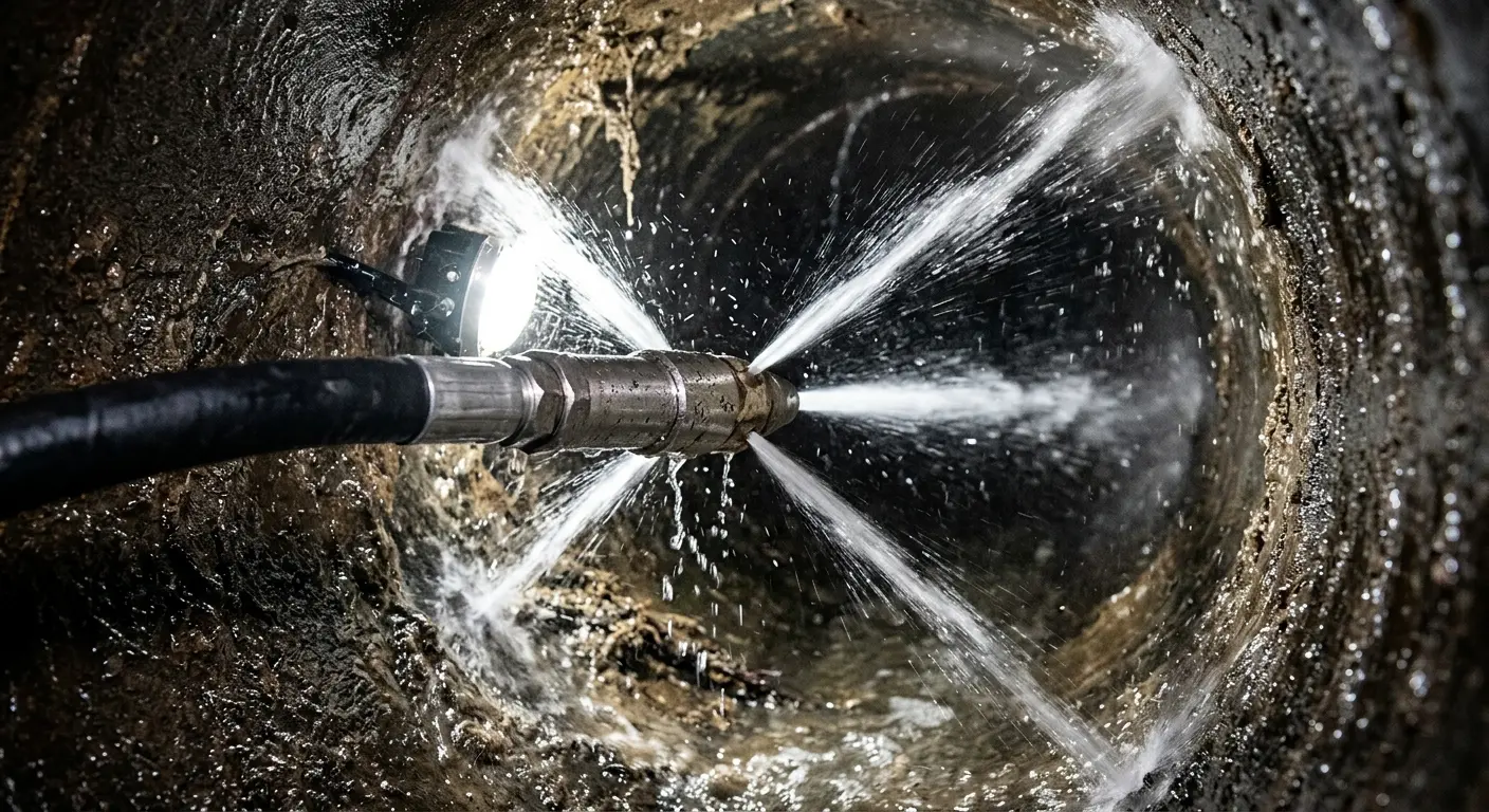 High-pressure hydro jetting nozzle cleaning sewer pipe for Storm Drain Cleaning in Petaluma