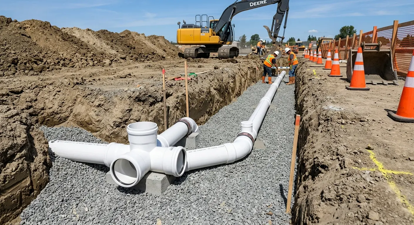 New PVC sewer pipe installation in open trench for Sewer Backup in Petaluma