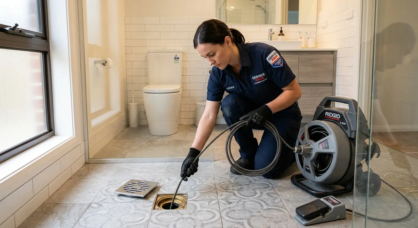 Technician clearing a bathroom floor drain for Drain Repair in Petaluma